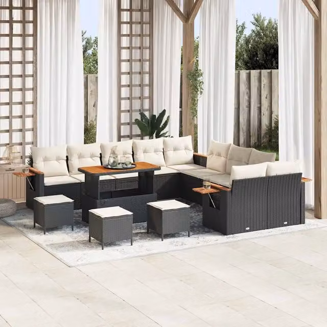 Set da giardino vidaXL composto da 18 pezzi con divano a 3 posti, tavolino da caffè e pouf, colore nero e beige con struttura in acciaio verniciato a polvere e cuscini inclusi – 1
