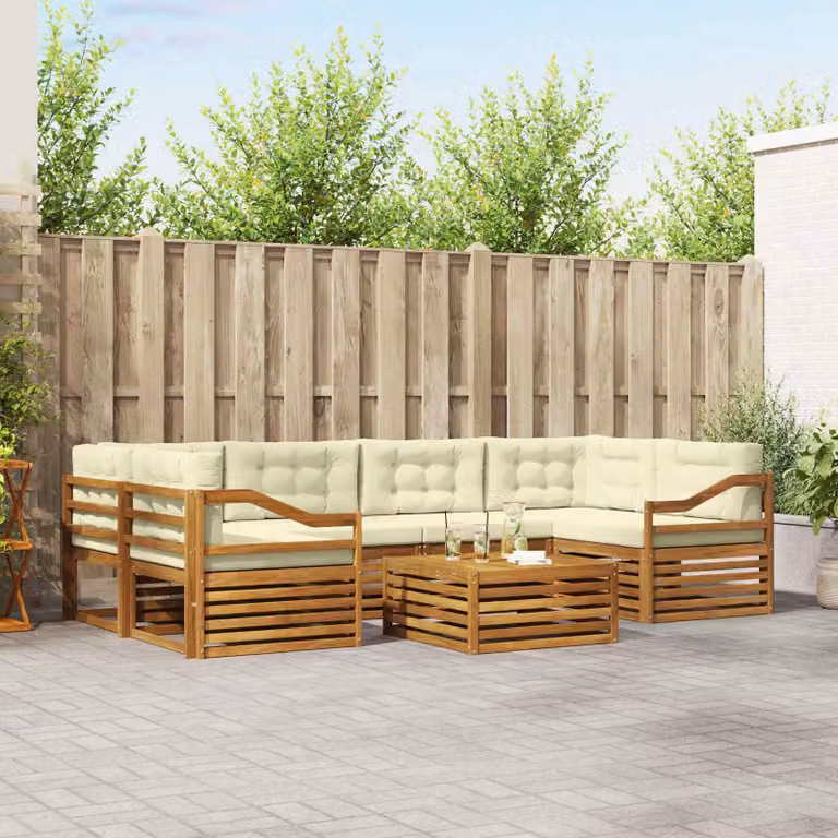 Set di divani da esterno vidaXL a forma di U composto da 7 pezzi con tavolino da caffè, in legno di acacia e tessuto beige e bianco