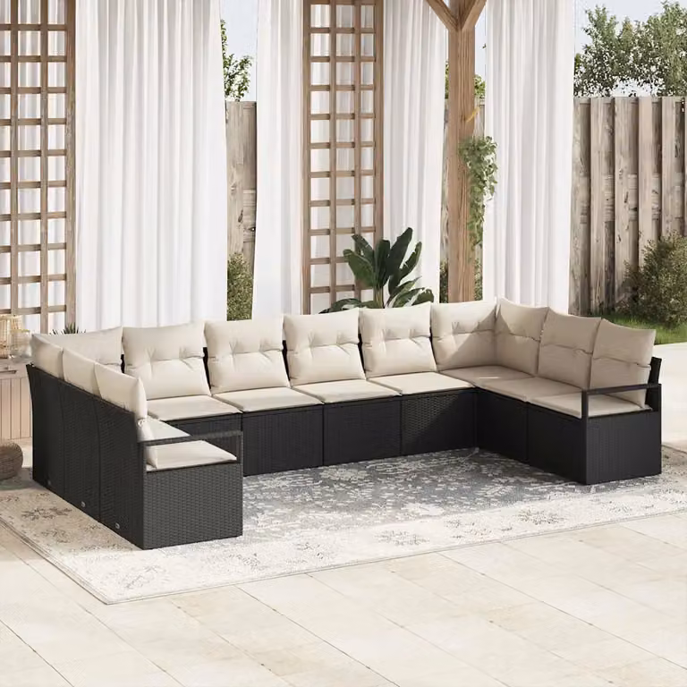 Set di divani da giardino vidaXL a forma di U in rattan nero con cuscini beige e struttura in acciaio rivestito in polvere