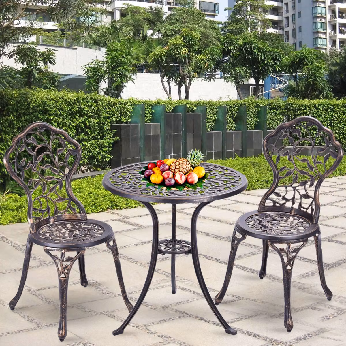 Set da giardino Costway composto da un tavolino rotondo e 2 sedie in alluminio color bronzo opaco – 3