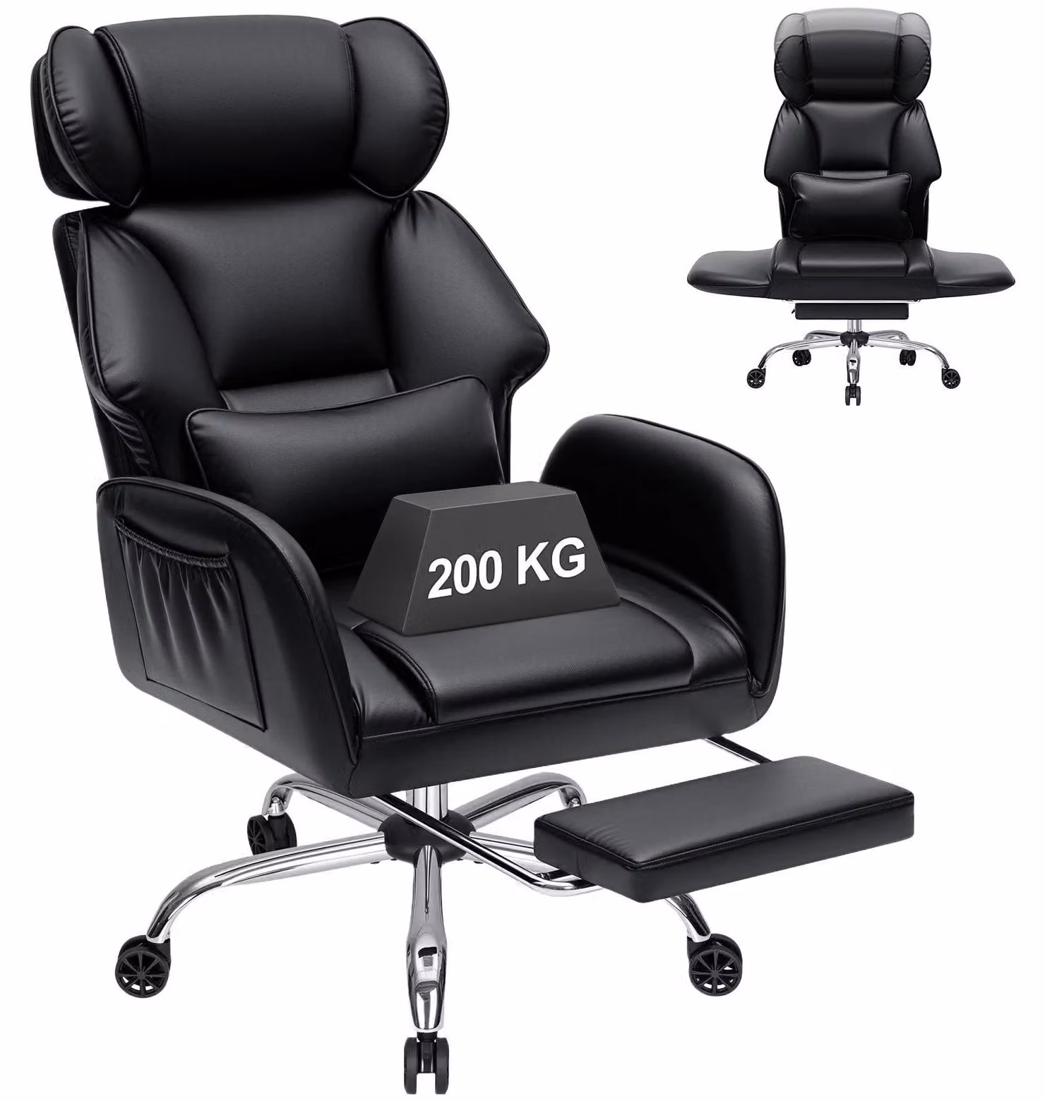 Sedia da ufficio ergonomica - Sedia da scrivania - Portata massima: 200 kg - Supporto lombare - Seduta ampia con poggiapiedi - Braccioli pieghevoli - Ruote - Ecopelle nera