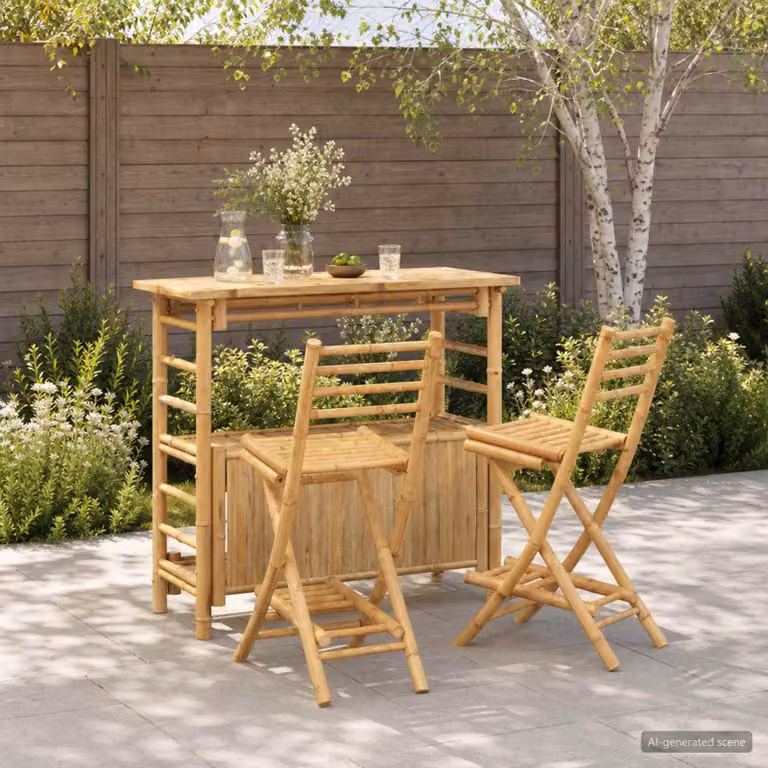 Set da bar da esterno vidaXL composto da tavolo rettangolare e 3 sgabelli in bambù naturale e rattan colore beige