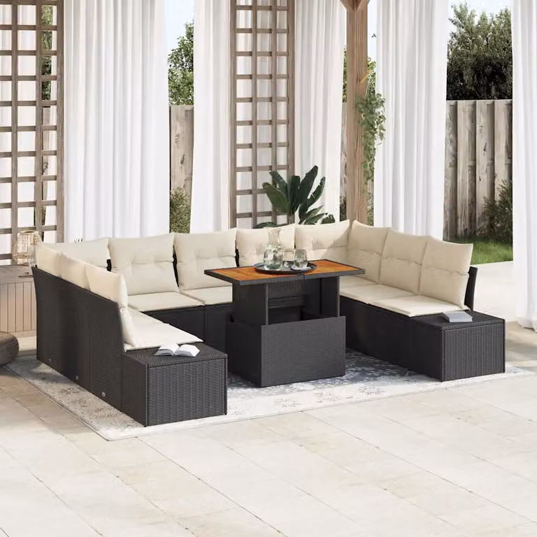 Set da pranzo da giardino moderno vidaXL in rattan e legno di acacia con cuscini nero e beige