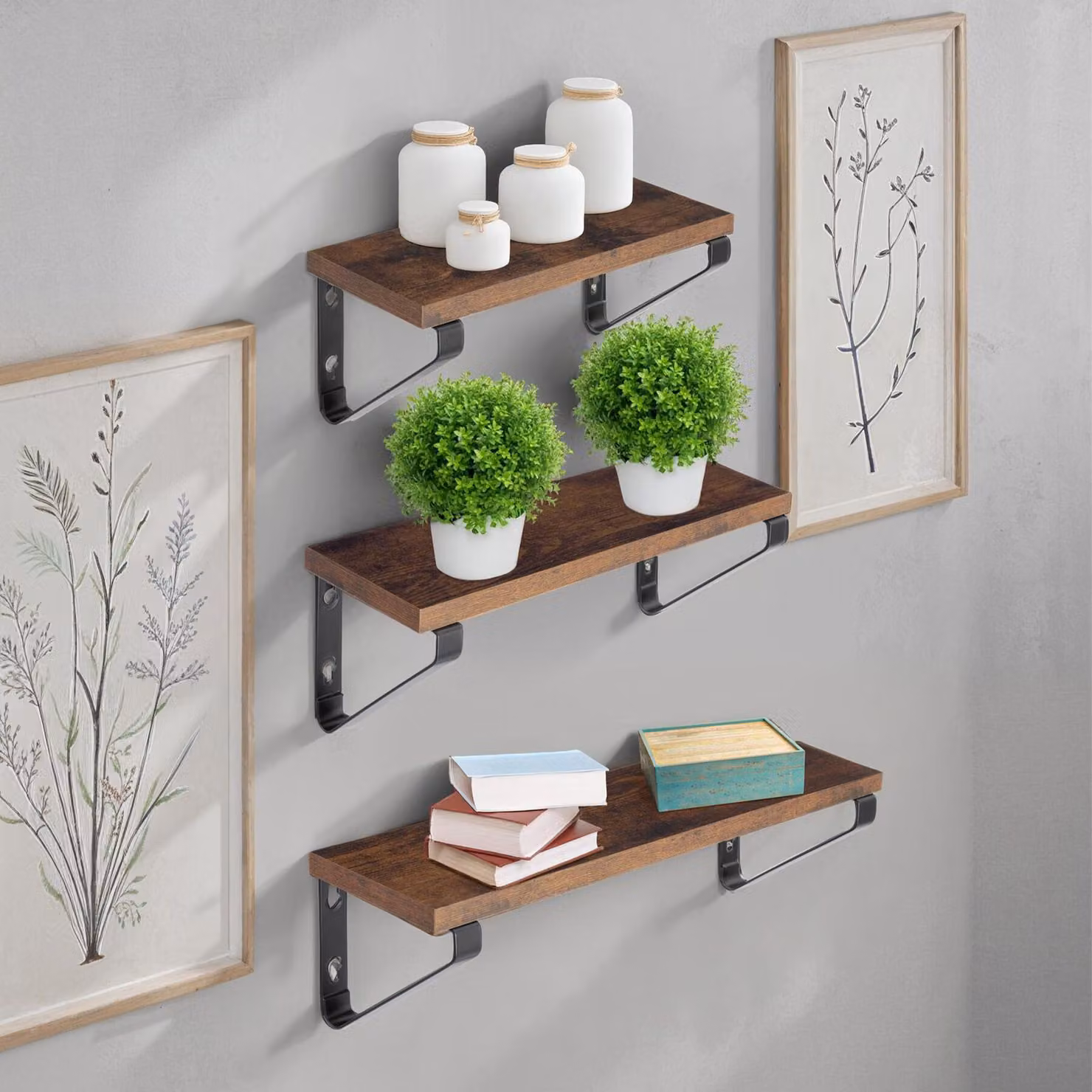 3 mensole sospese Tectake in stile industriale, legno e metallo, colore marrone – 2