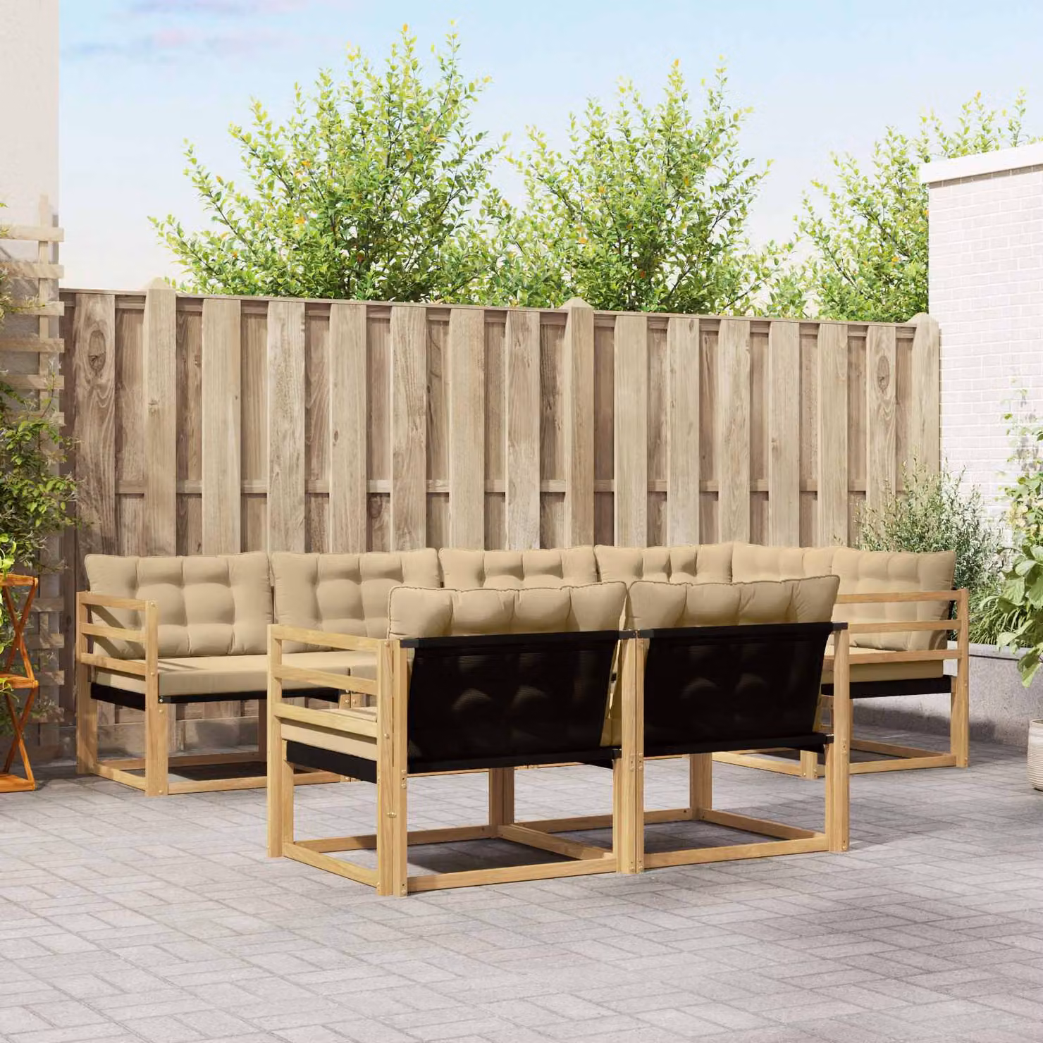 Set di divani da esterno vidaXL 7 pz in legno di acacia con cuscini bianchi e beige