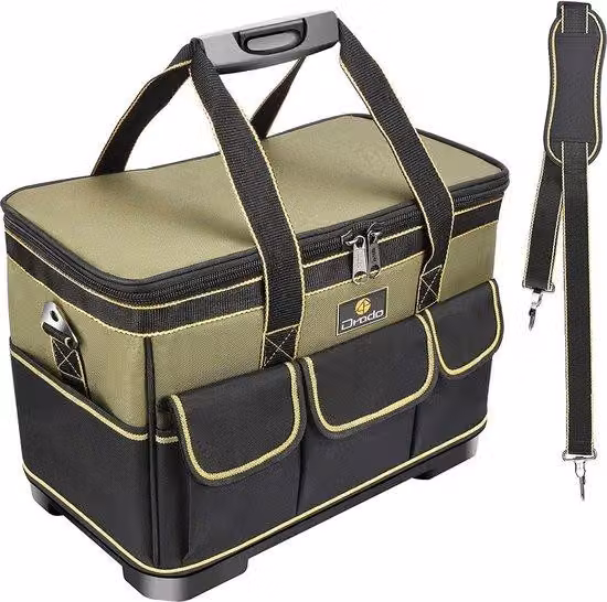 Borsa per attrezzi professionale Unyqoos® – robusta, impermeabile, realizzata in tessuto Oxford a 5 strati, con 8 scomparti e una grande tasca con cerniera, tracolla regolabile da 80 a 125 cm, dimensioni 40x23x28 cm