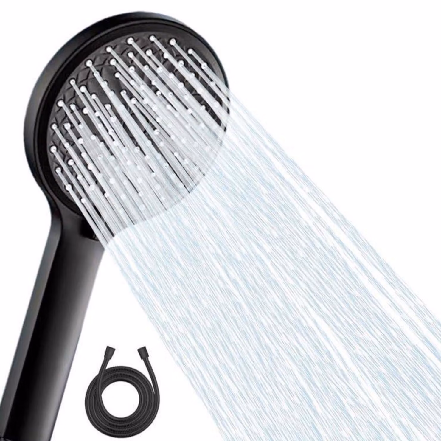 Doccia con tubo flessibile da 1,5 metri, soffione a pioggia da 120 mm, 5 getti, colore nero, materiale: ABS/acciaio inossidabile