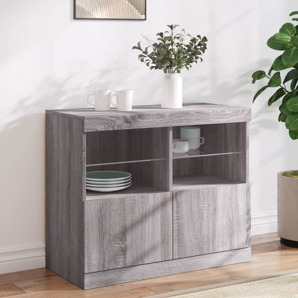 Credenza moderna vidaXL con luci LED in Grigio Sonoma, L 81 cm x P 37 cm x H 67 cm