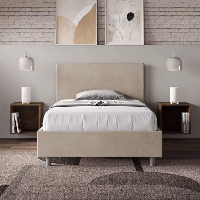 Letto imbottito Adele di ITYHOME in microfibra color sabbia, Piazza e mezzo, senza rete – 1