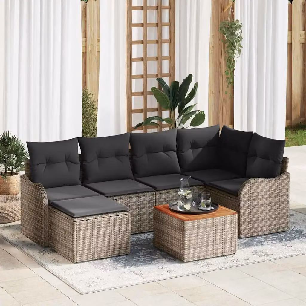 Set Divano da Giardino a L vidaXL in Polyrattan Grigio con Cuscini e Tavolino da 7 Pezzi – 1