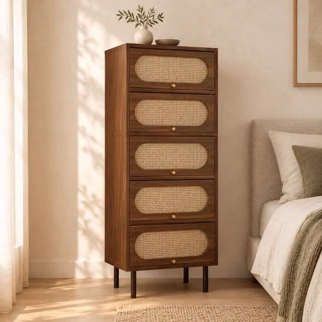 Credenza alta 80x40x163 cm con 5 ante a ribalta in MDF e truciolare color noce