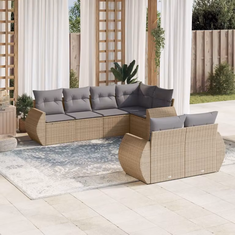 vidaXL Set Divani da Giardino 7 pz a Forma a L con Cuscini Beige e Struttura in Metallo e Polyrattan