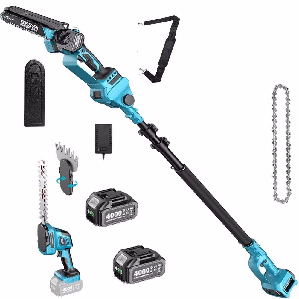 Attrezzo da giardino multifunzione 6-in-1: motosega a batteria, potatore elettrico, asta telescopica, motore brushless, 2 batterie da 4,0 Ah, ideale per la potatura degli alberi