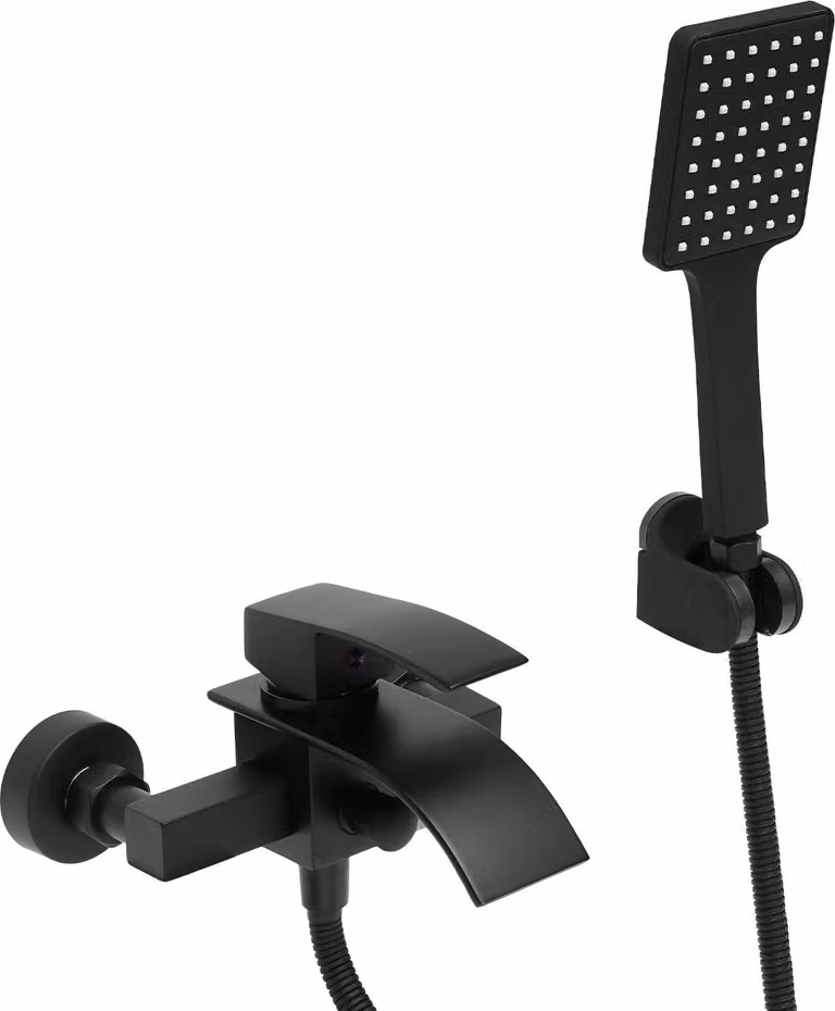 Rubinetto per vasca con doccetta - Montaggio a parete - Bocca a cascata - Uscita a 2 vie - Monocomando - Cartuccia in Vetroceramica - Filettatura da 1/2 pollice (1,27 cm) - Nero