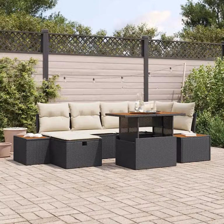 Set Divano da Giardino vidaXL 7 Pezzi Moderno a Forma di L con Cuscini e Tavolino Nero