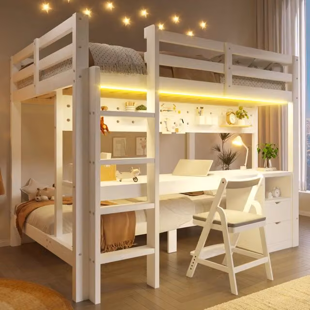 Letto a soppalco 140 × 200 cm e 90 × 200 cm con cassetti, scrivania, pannello forato e LED, senza materasso