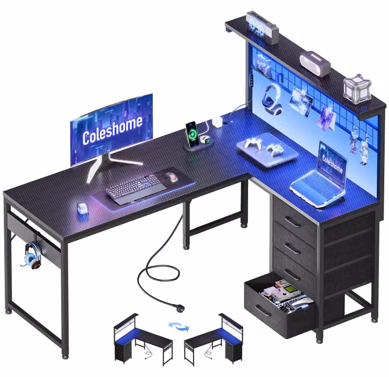 Scrivania a forma di L per videogiochi, con 4 cassetti, dimensioni 130x100 cm