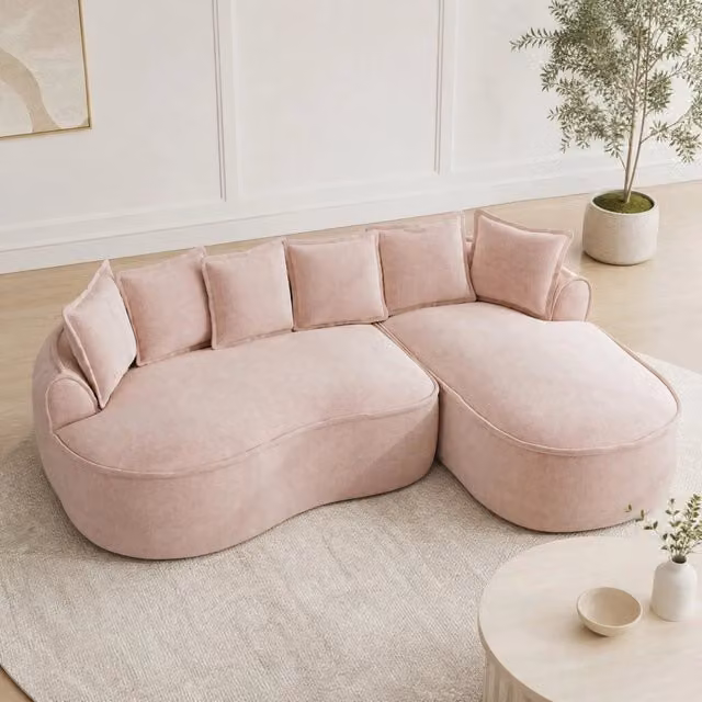 Divano modulare senza struttura in ciniglia rosa con chaise longue profonda HOMVRA