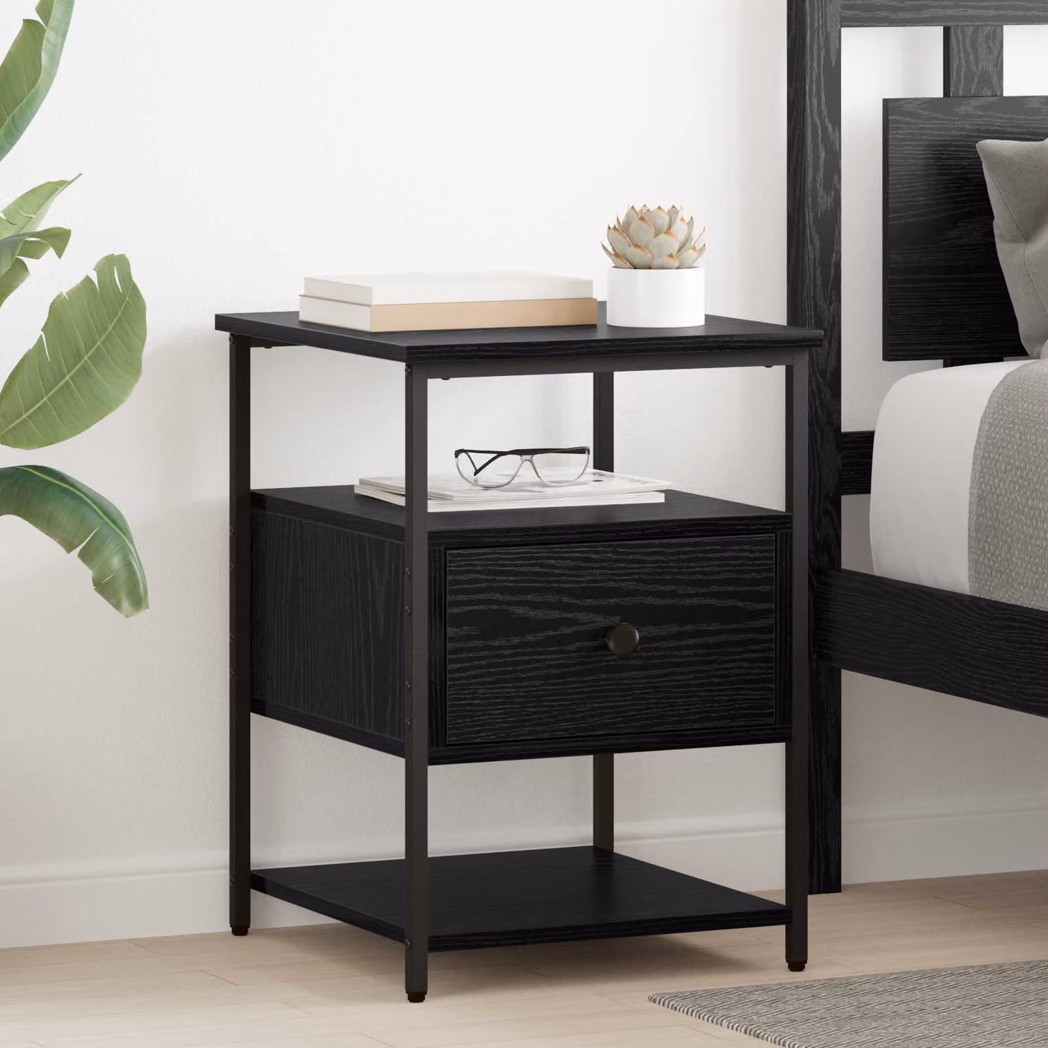 Armadio da notte vidaXL moderno in MDF e metallo, colore nero e marrone, L 40 cm x P 42 cm x H 56 cm