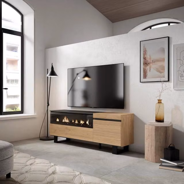 Mobile TV Soggiorno, 150x35x57cm, Per TV fino a 65", Camino elettrico, Design industriale, colore Rovere RF3302
