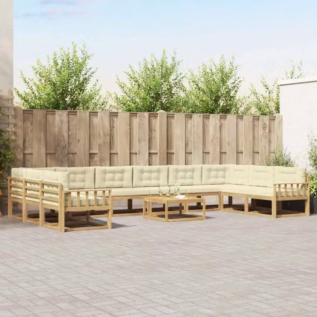 Set di divani da esterno a L vidaXL in legno di acacia con cuscini Bianco e Beige