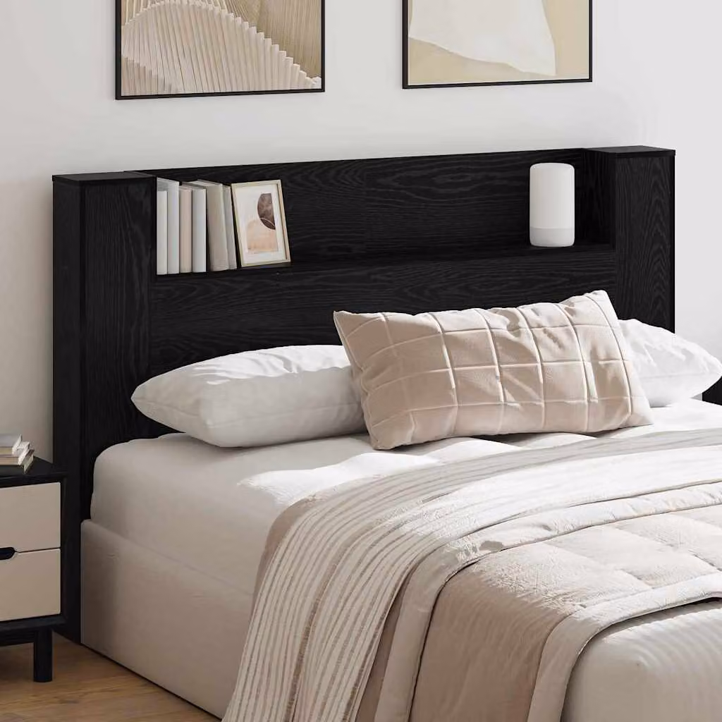 Testiera con stoccaggio vidaXL in legno ingegnerizzato Rovere e Nero con LED, mensola integrata e porta USB, L: 160 cm, H: 104,5 cm, P: 21,43 cm