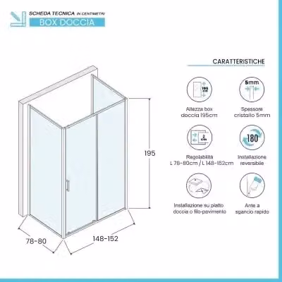 Box doccia Tay INBAGNO a tre lati con porta scorrevole, forma rettangolare a U, vetro trasparente, L: 150 cm, P: 80 cm, H: 195 cm – 2