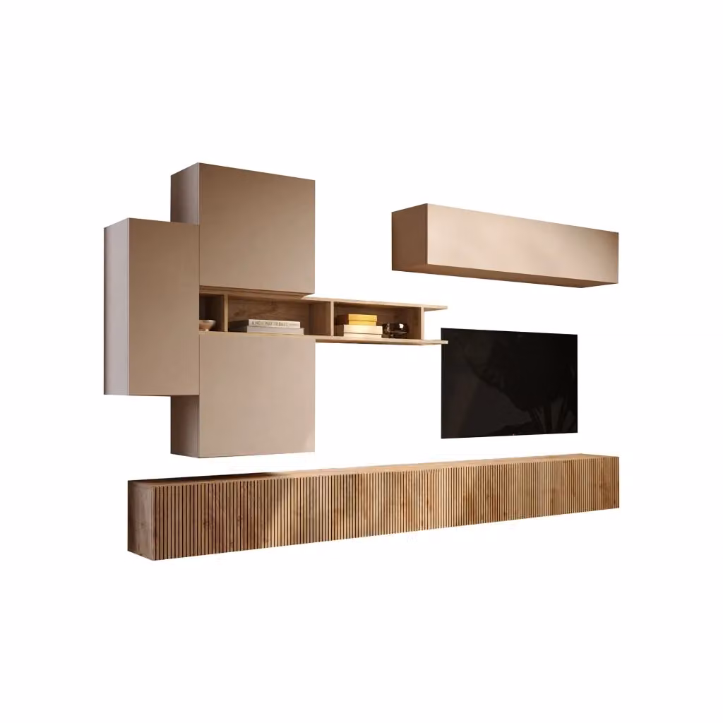 Parete Attrezzata Modulabile Calascio DMORA per Soggiorno in Legno Moderno, Colori Marrone, Bianco e Beige – 2