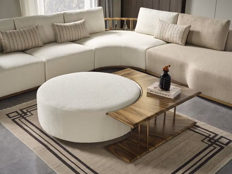 Couchtisch Tisch Beistelltisch Wohnzimmer Modern Weiß Rund Stoff Holz