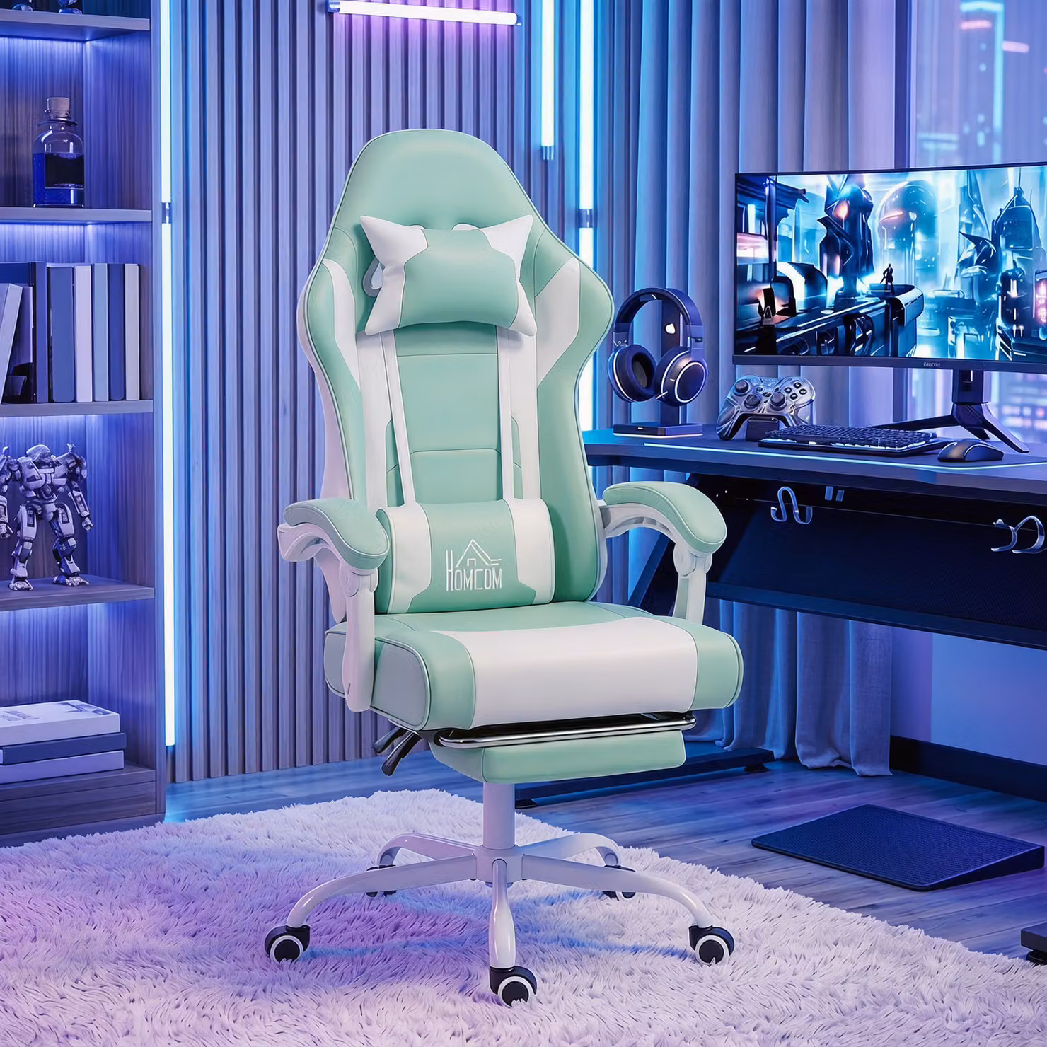 Sedia Gaming HOMCOM con Massaggio Lombare a Vibrazione, Reclinabile 155°, Poggiatesta, Poggiapiedi Retrattile e Altezza Regolabile, Azzurro – 2