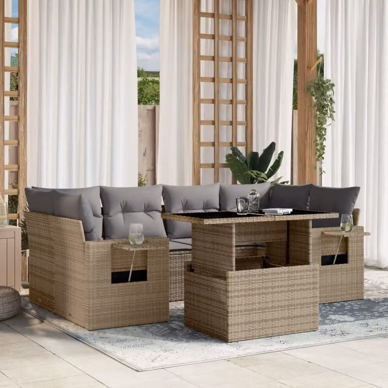 Set di divani da giardino vidaXL in polyrattan 7 pezzi con cuscini beige e tavolino da esterno