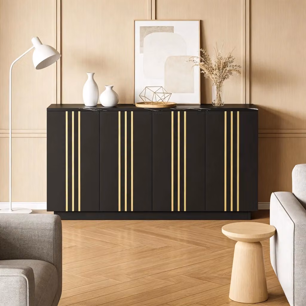 Credenza moderna con 4 ante e divisorio regolabile in MDF nero e oro L 140 x P 35 x H 70 cm – 2