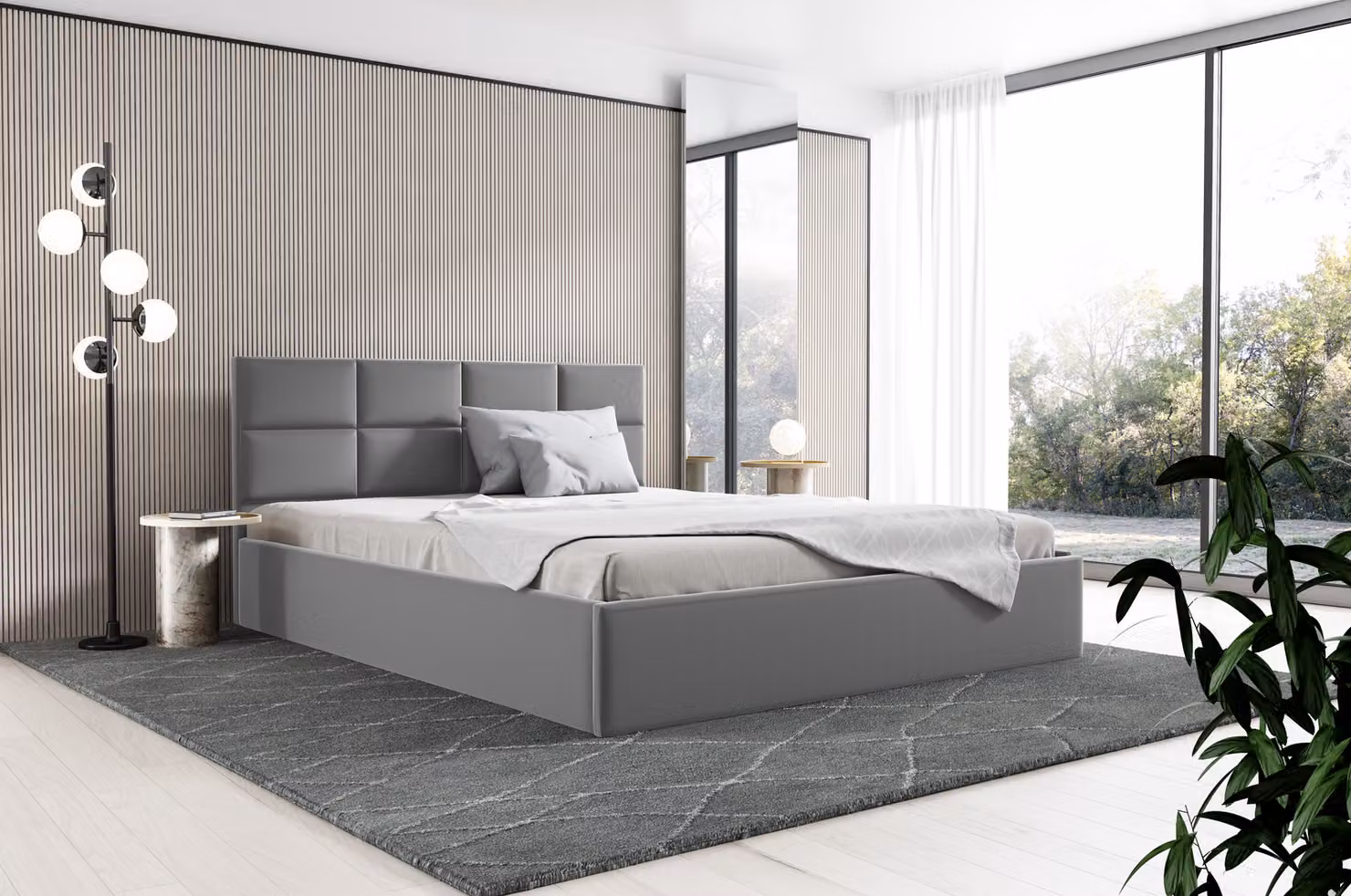 GUTTO: Letto imbottito 200x200. Struttura in metallo con rete a doghe. Tessuto: velluto grigio con vano contenitore