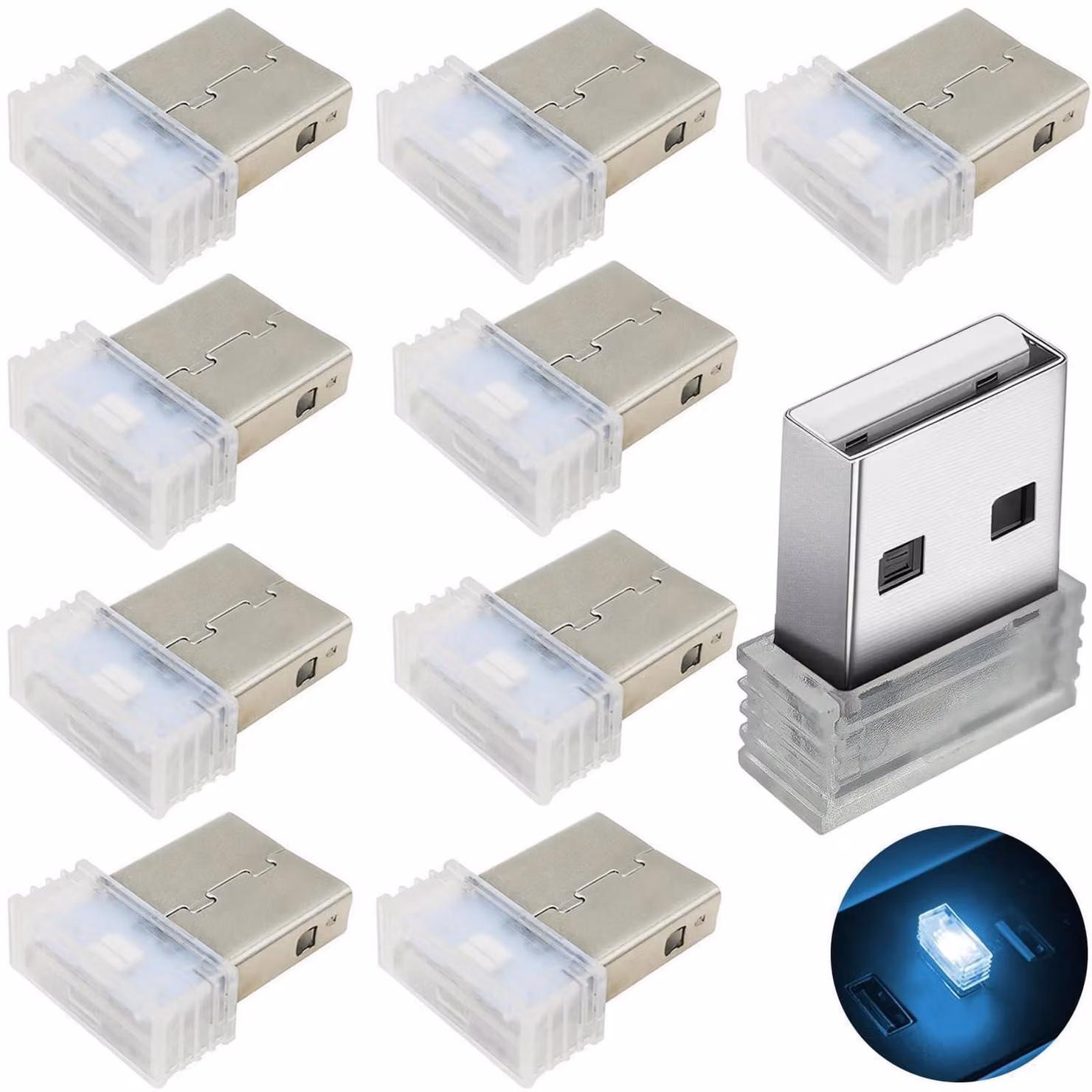 Illuminazione ambientale a LED per auto, 10 pezzi, colore blu ghiaccio, alimentazione USB, sistema plug and play