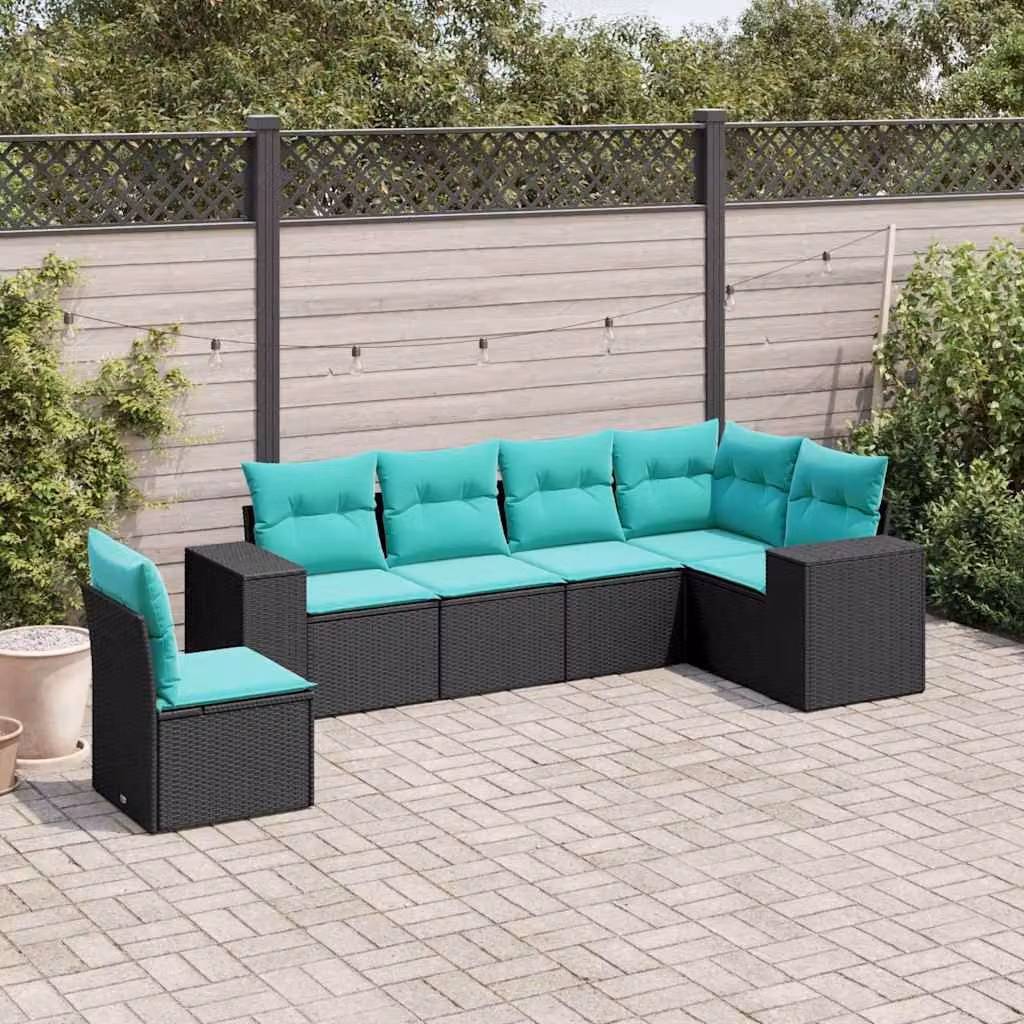 Set di divani da giardino vidaXL 6 pz in rattan con cuscini blu e turchese e struttura in acciaio verniciato a polvere