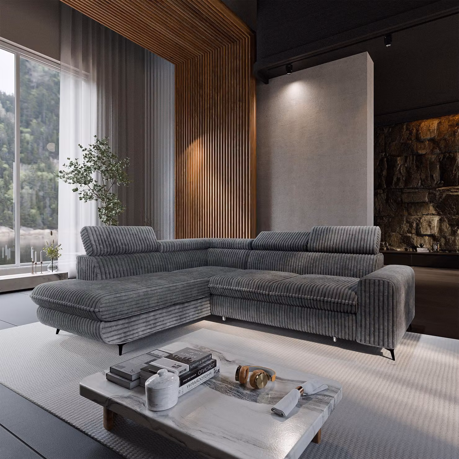 Divano ad angolo Masseno VELISS con funzione letto a L, divano con contenitore, divano da salotto, divano, divano letto, set divani - Grigio, TILIA 90