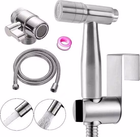 Bidet in acciaio inossidabile a doppia modalità - getto a spruzzo - rubinetto con tubo flessibile e gancio - montaggio a parete - accessorio per WC in acciaio