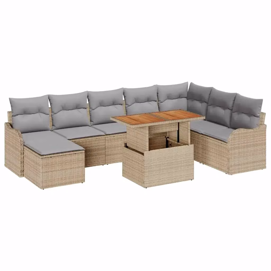 vidaXL Set Divano da Giardino a L in Polyrattan Beige con Cuscini e Tavolino da 9 Pezzi – 2