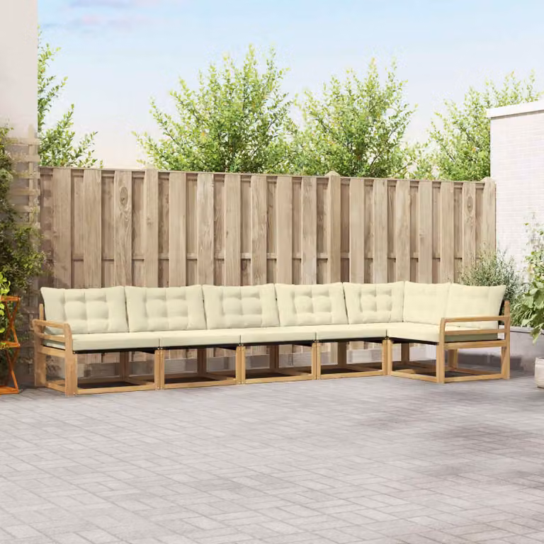 Set di divani da esterno vidaXL a forma di L composto da 6 pezzi in legno di acacia con cuscini bianchi e beige per giardino e terrazza