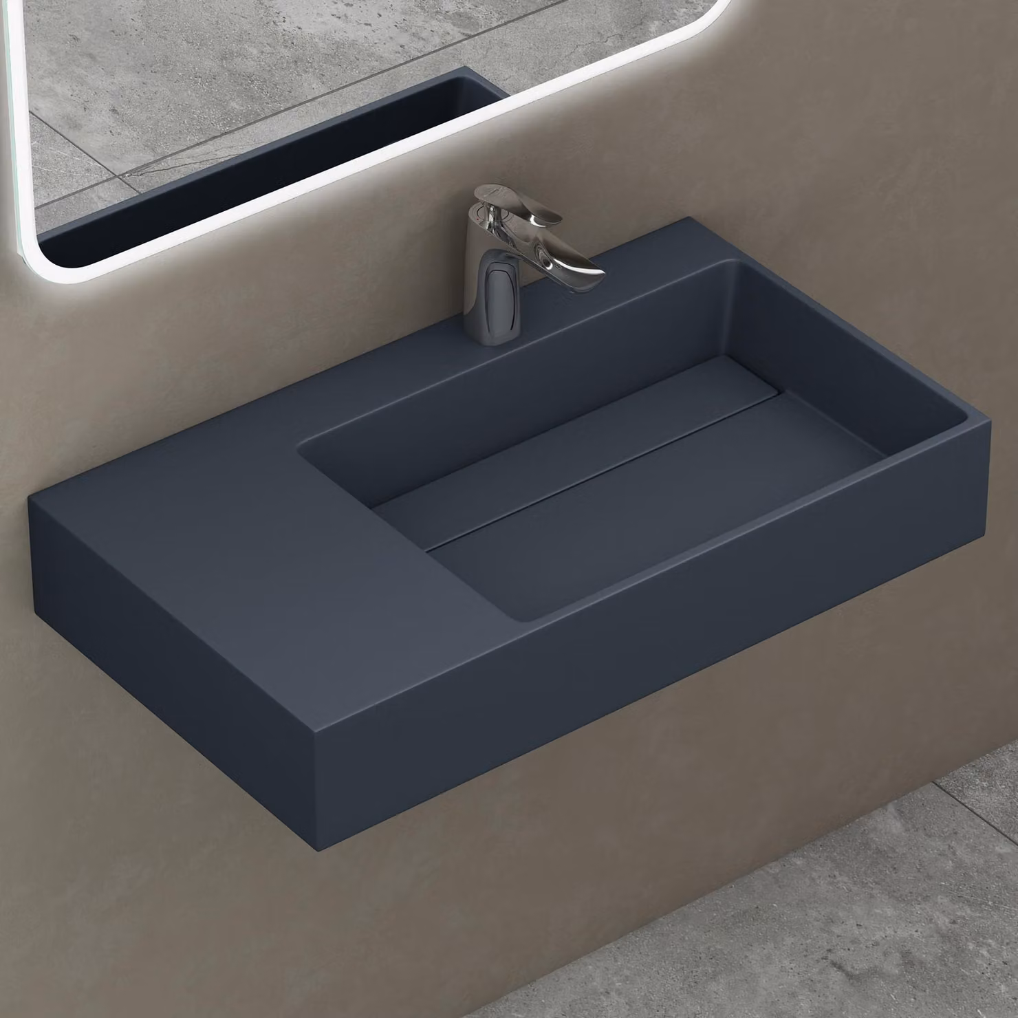 doporro Lavabo Bagno Sospeso Lavabo da Appoggio Rettangolare in Marmo Resina Antracite Opaco, Vasca a Destra 75x43x14 cm con 1 Foro Rubinetto e Piletta Scarico, Colossum12