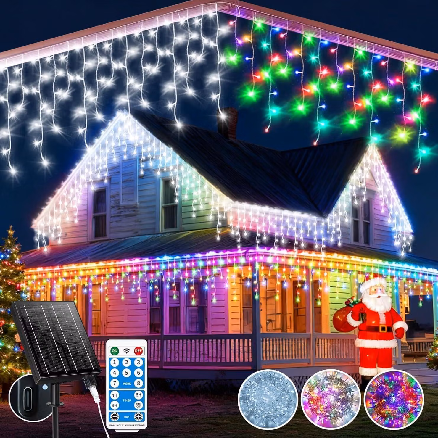 Catena luminosa solare da 30 metri con 800 LED a forma di cristalli di ghiaccio, 3 in 1, con timer