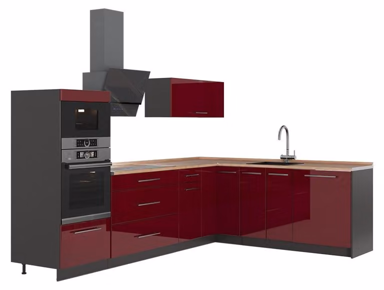 Cucina angolare completa Vicco Fame-Line Bordeaux lucido/Antracite 287 x 207 cm, PL Rovere, Model 63480