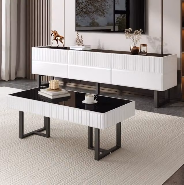Set tavolino da salotto e mobile TV moderno in MDF e pannello truciolare; nero e bianco; 170 cm e 110 cm