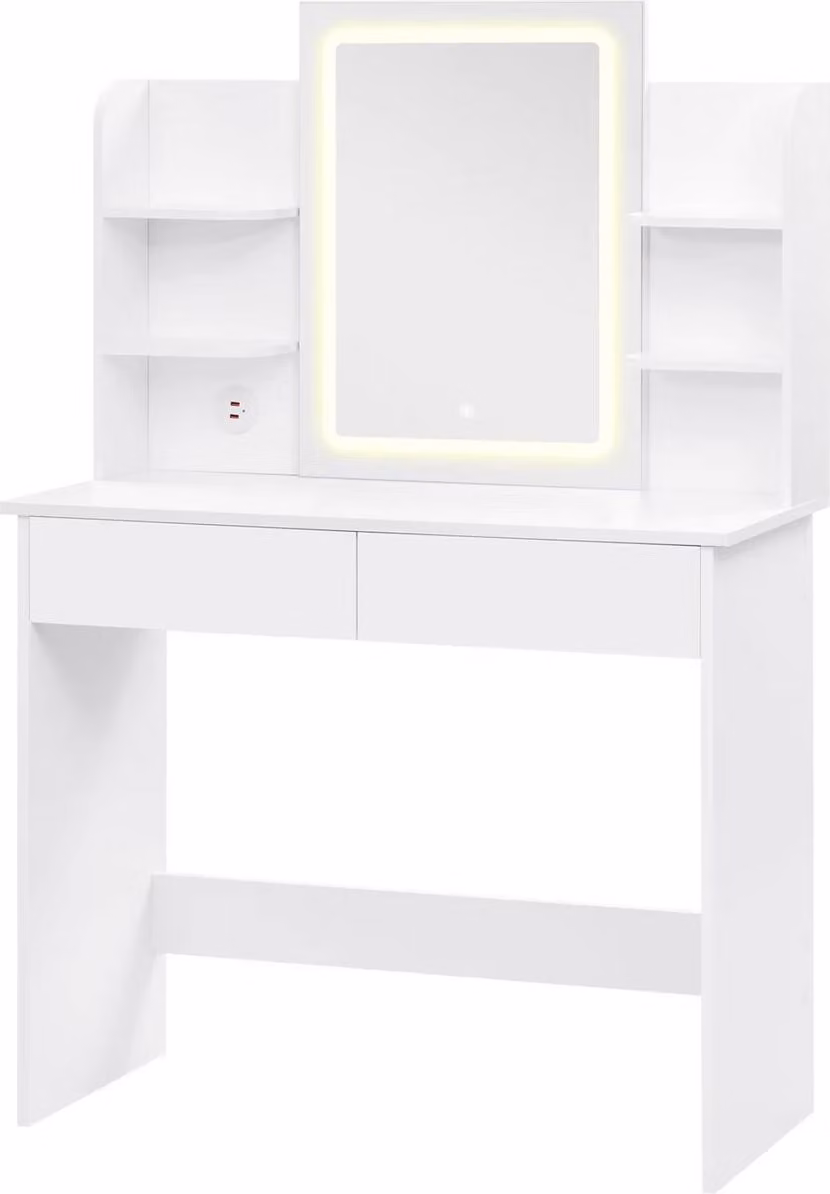 Tavolino da toilette bianco con specchio a LED - Luminosità regolabile e 2 porte USB - Moderno tavolo da trucco per la camera da letto