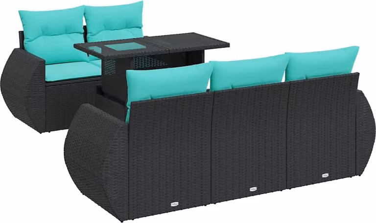 Set Divano da Giardino 6 pz con Cuscini Nero Polyrattan Acacia