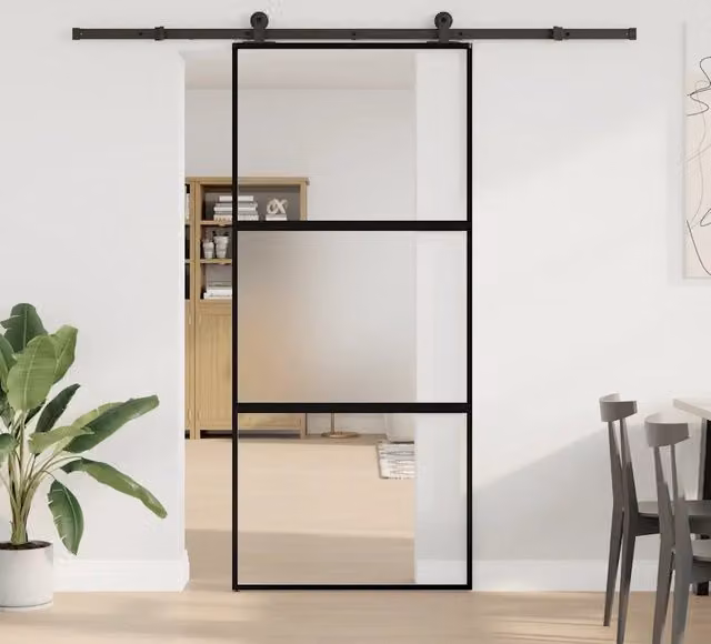 Porta Scorrevole vidaXL in Vetro Trasparente e Alluminio Nero L: 90 cm, H: 205 cm