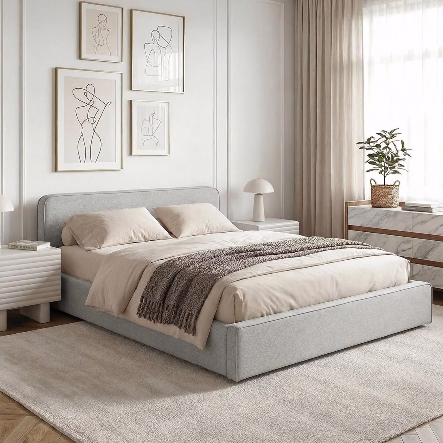 Letto imbottito MARINI, letto matrimoniale 140x200 cm in grigio chiaro - Letto imbottito con rete a doghe, design moderno e robusta struttura in legno con piedini in plastica