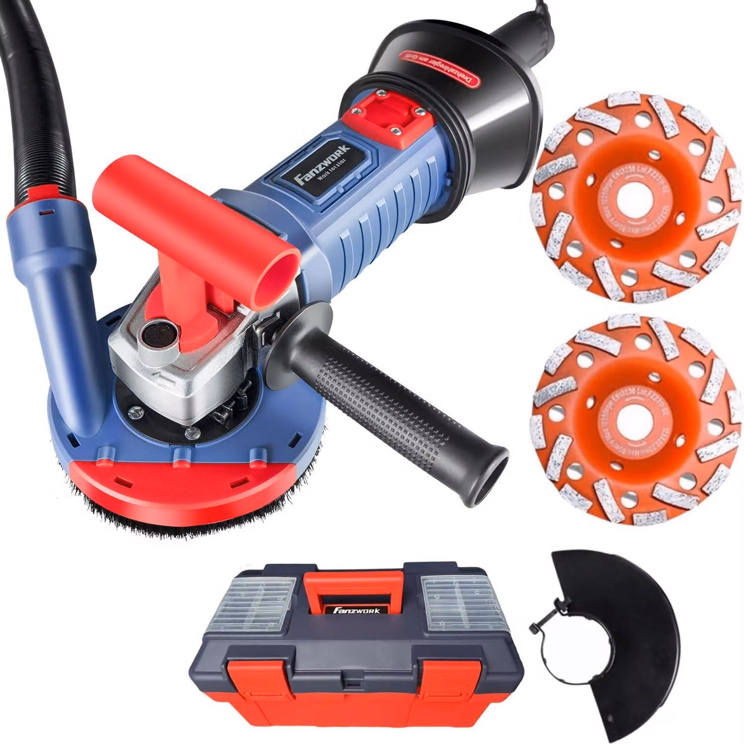 Levigatrice per calcestruzzo da 1500 W, set per fresatura del calcestruzzo, velocità regolabile, inclusa una mola diamantata premium da 125 mm, aspiratore e maniglia a forma di T (con 2 mole da 125 mm)