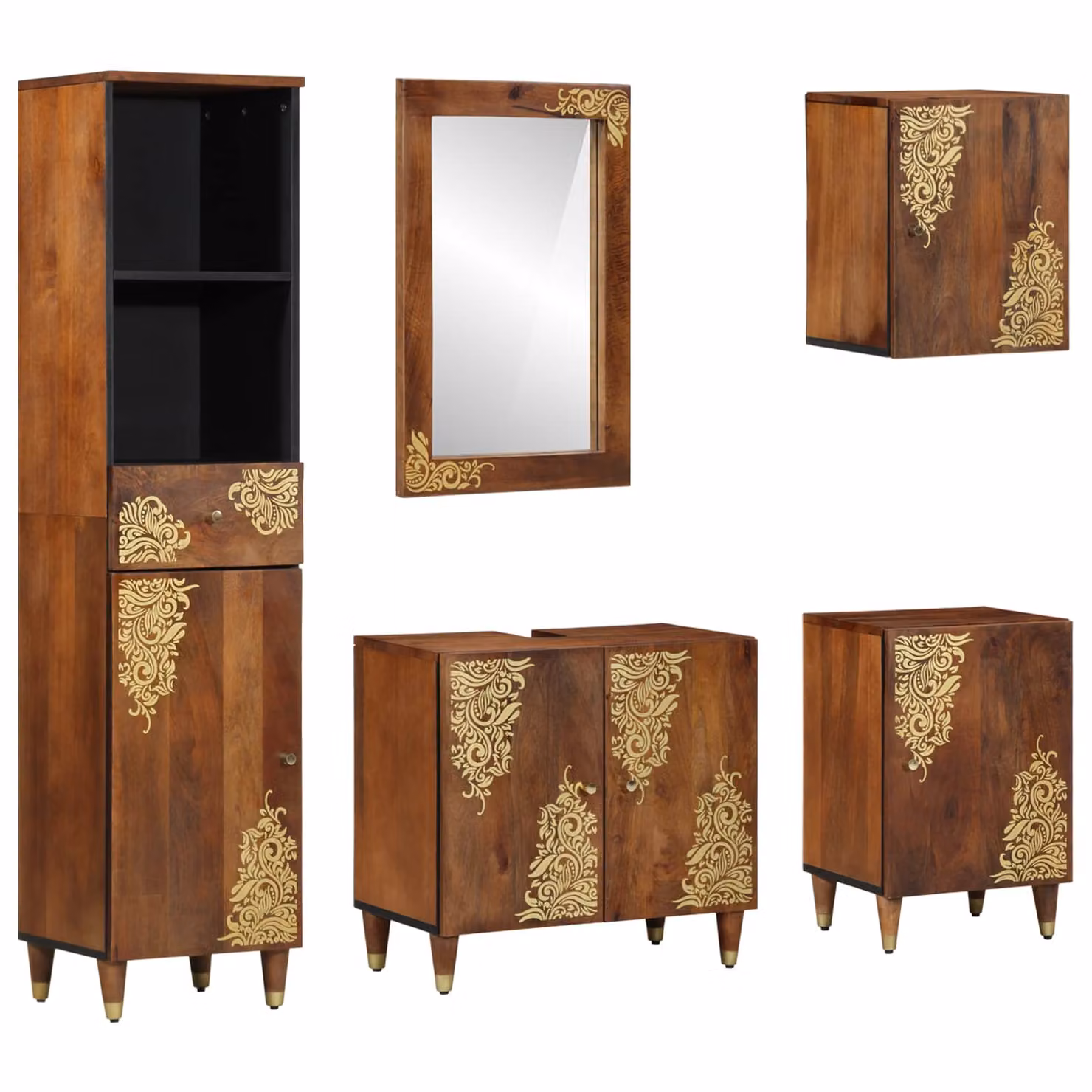 Set di 5 mobili da bagno vidaXL in legno stile rustico, colore marrone e oro, L/P/H: 62 x 33 x 58 cm