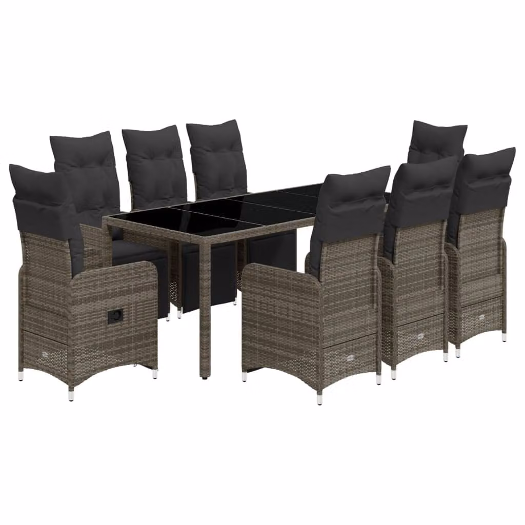 Set Bistrò da Giardino 9 pz con Cuscini in Polyrattan Grigio